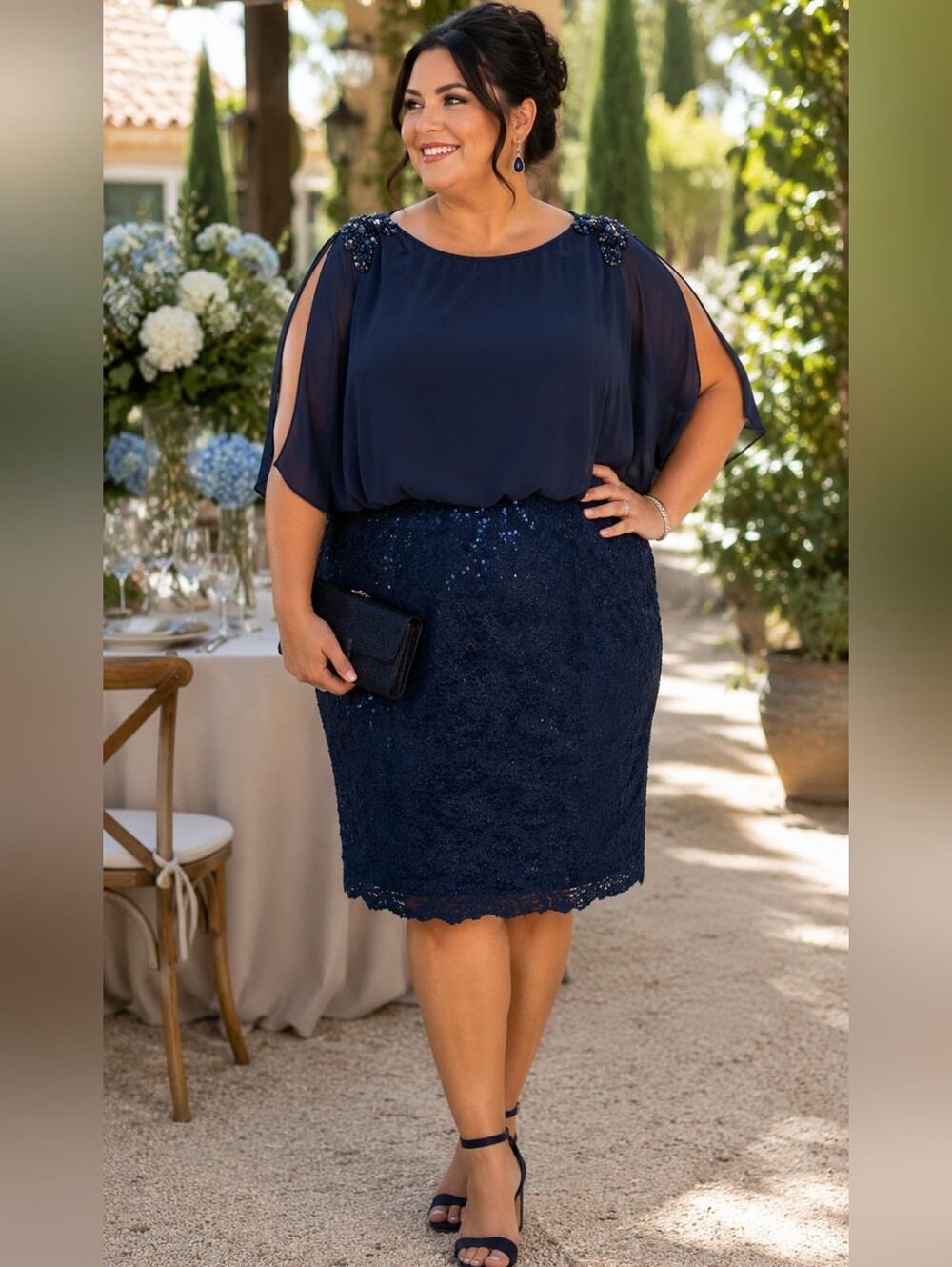 RM Richards Plus Size 20: Navy Lace & Sequin Overlay Skirt Dress